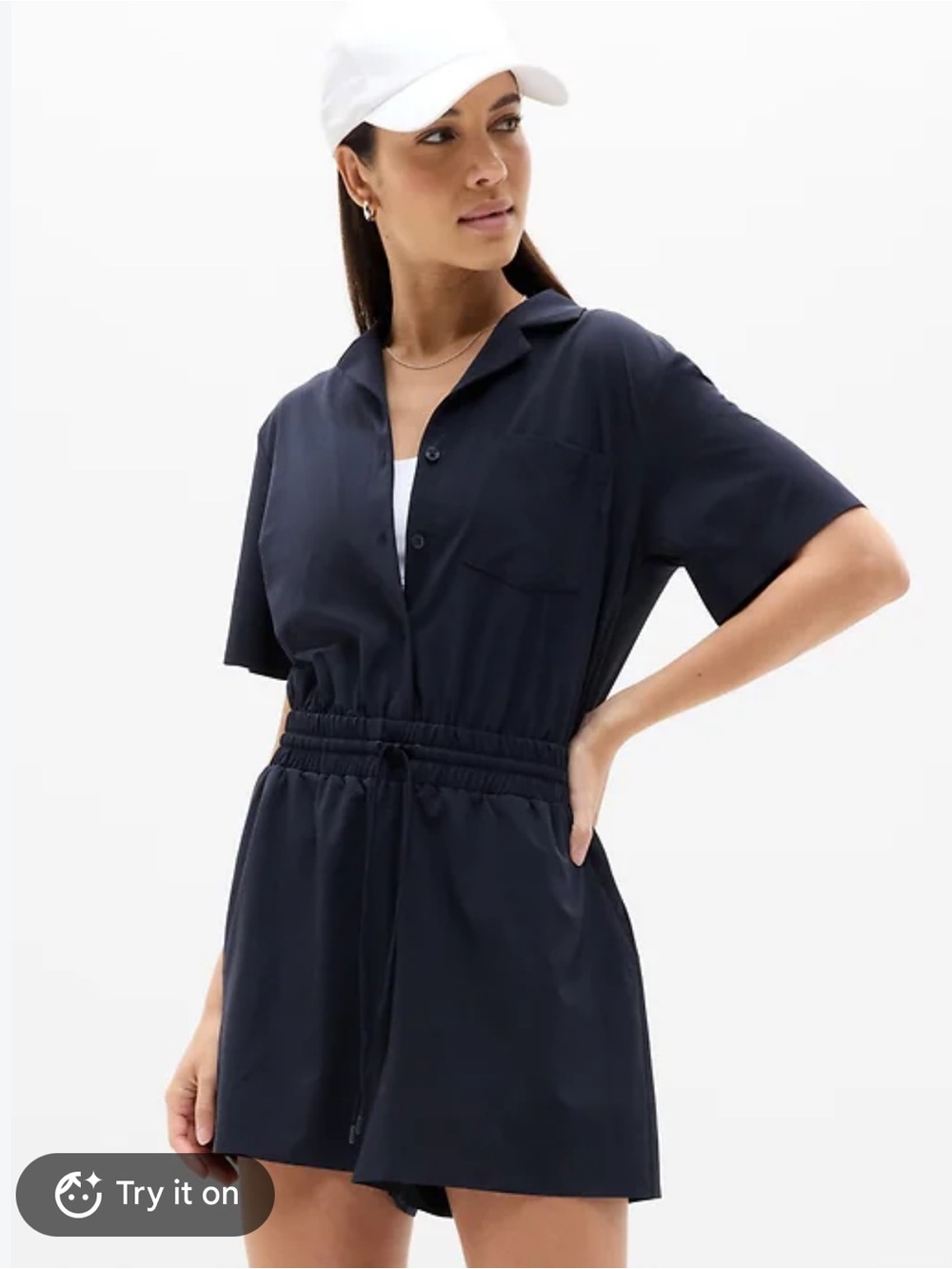 Athleta Avenue Lightweight Short Sleeve Romper in Navy Size MT